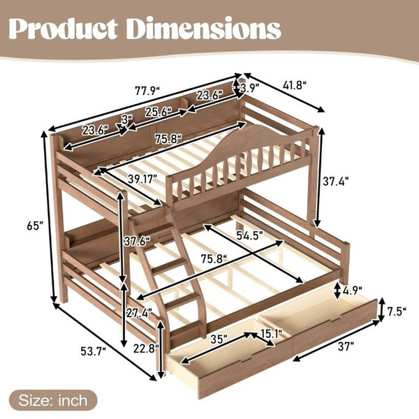 English Elm Twin Over Full Solid Pine Bunk Bed with Curved Guardrail Storage Drawers and Shelves Deep Natural W5305S00153