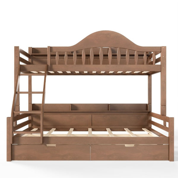 English Elm Twin Over Full Solid Pine Bunk Bed with Curved Guardrail Storage Drawers and Shelves Deep Natural W5305S00153