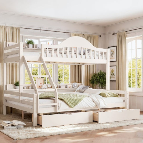English Elm Twin XL Over Queen Solid Pine Bunk Bed with Arched Rails and Pull Out Storage Drawers Beige W5305S00154