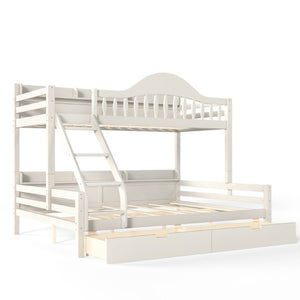 English Elm Twin XL Over Queen Solid Pine Bunk Bed with Arched Rails and Pull Out Storage Drawers Beige W5305S00154