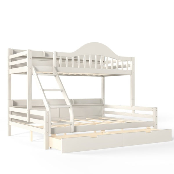 English Elm Twin XL Over Queen Solid Pine Bunk Bed with Arched Rails and Pull Out Storage Drawers Beige W5305S00154