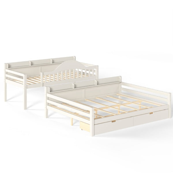 English Elm Twin XL Over Queen Solid Pine Bunk Bed with Arched Rails and Pull Out Storage Drawers Beige W5305S00154