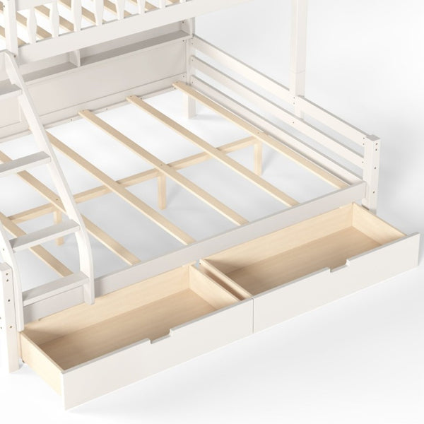 English Elm Twin XL Over Queen Solid Pine Bunk Bed with Arched Rails and Pull Out Storage Drawers Beige W5305S00154