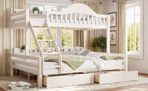 English Elm Twin XL Over Queen Solid Pine Bunk Bed with Arched Rails and Pull Out Storage Drawers Beige W5305S00154