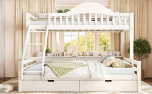 English Elm Twin XL Over Queen Solid Pine Bunk Bed with Arched Rails and Pull Out Storage Drawers Beige W5305S00154