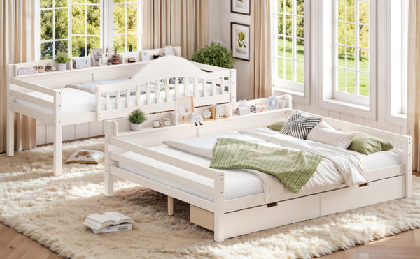 English Elm Twin XL Over Queen Solid Pine Bunk Bed with Arched Rails and Pull Out Storage Drawers Beige W5305S00154