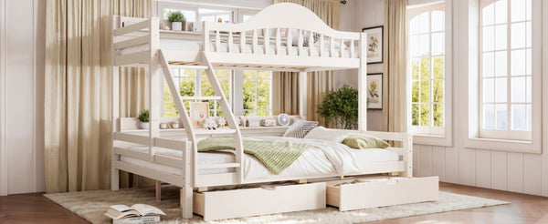 English Elm Twin XL Over Queen Solid Pine Bunk Bed with Arched Rails and Pull Out Storage Drawers Beige W5305S00154