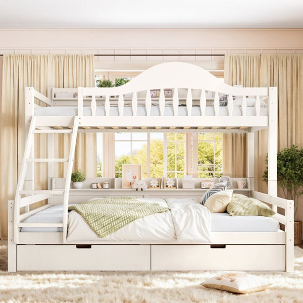 English Elm Twin XL Over Queen Solid Pine Bunk Bed with Arched Rails and Pull Out Storage Drawers Beige W5305S00154