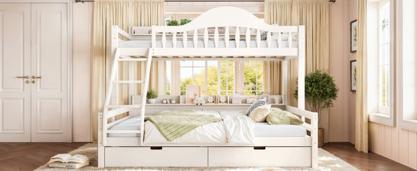 English Elm Twin XL Over Queen Solid Pine Bunk Bed with Arched Rails and Pull Out Storage Drawers Beige W5305S00154