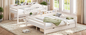 English Elm Twin XL Over Queen Solid Pine Bunk Bed with Arched Rails and Pull Out Storage Drawers Beige W5305S00154
