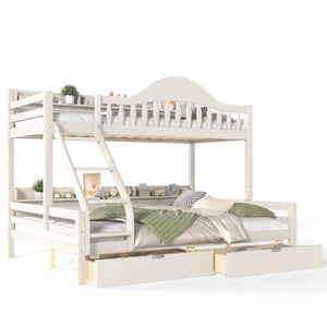 English Elm Twin XL Over Queen Solid Pine Bunk Bed with Arched Rails and Pull Out Storage Drawers Beige W5305S00154