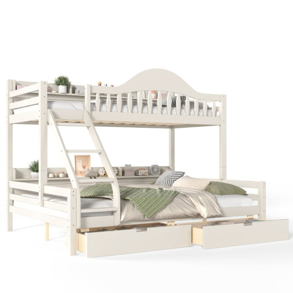 English Elm Twin XL Over Queen Solid Pine Bunk Bed with Arched Rails and Pull Out Storage Drawers Beige W5305S00154