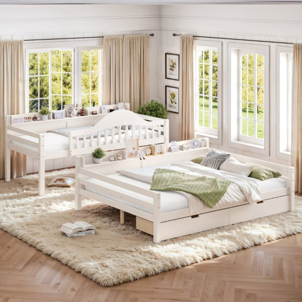 English Elm Twin XL Over Queen Solid Pine Bunk Bed with Arched Rails and Pull Out Storage Drawers Beige W5305S00154