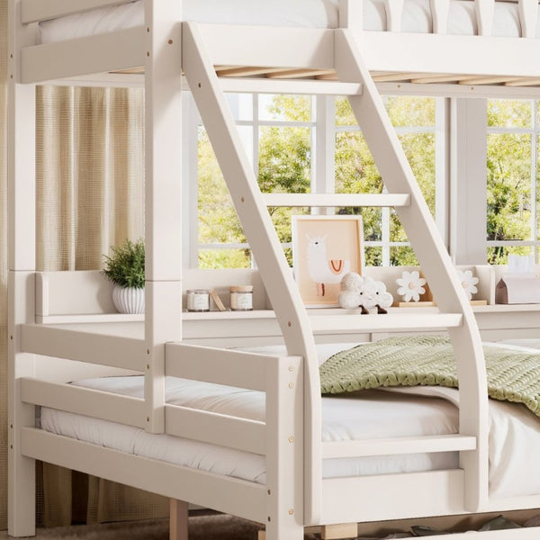 English Elm Twin XL Over Queen Solid Pine Bunk Bed with Arched Rails and Pull Out Storage Drawers Beige W5305S00154