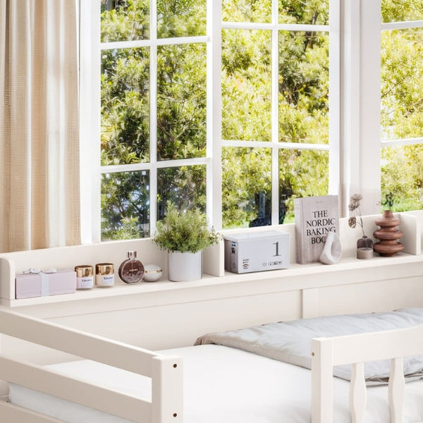English Elm Twin XL Over Queen Solid Pine Bunk Bed with Arched Rails and Pull Out Storage Drawers Beige W5305S00154