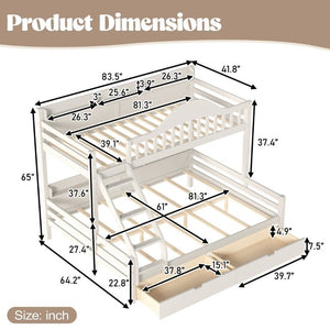 English Elm Twin XL Over Queen Solid Pine Bunk Bed with Arched Rails and Pull Out Storage Drawers Beige W5305S00154