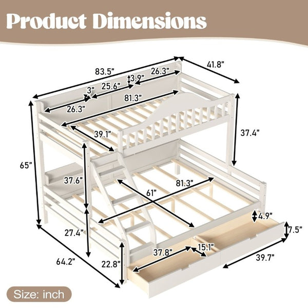 English Elm Twin XL Over Queen Solid Pine Bunk Bed with Arched Rails and Pull Out Storage Drawers Beige W5305S00154