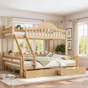 English Elm Twin XL Over Queen Solid Pine Bunk Bed with Arched Rails and Pull Out Storage Drawers Natural W5305S00155