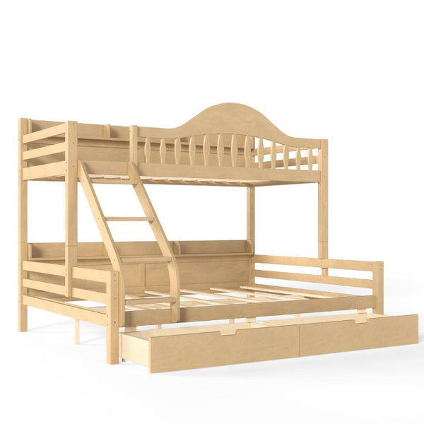 English Elm Twin XL Over Queen Solid Pine Bunk Bed with Arched Rails and Pull Out Storage Drawers Natural W5305S00155