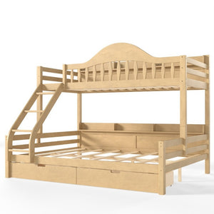 English Elm Twin XL Over Queen Solid Pine Bunk Bed with Arched Rails and Pull Out Storage Drawers Natural W5305S00155