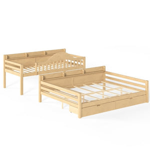 English Elm Twin XL Over Queen Solid Pine Bunk Bed with Arched Rails and Pull Out Storage Drawers Natural W5305S00155