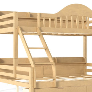 English Elm Twin XL Over Queen Solid Pine Bunk Bed with Arched Rails and Pull Out Storage Drawers Natural W5305S00155