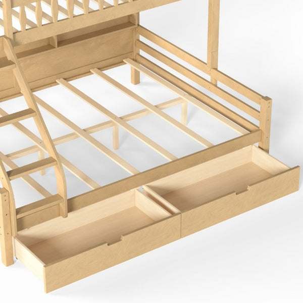 English Elm Twin XL Over Queen Solid Pine Bunk Bed with Arched Rails and Pull Out Storage Drawers Natural W5305S00155