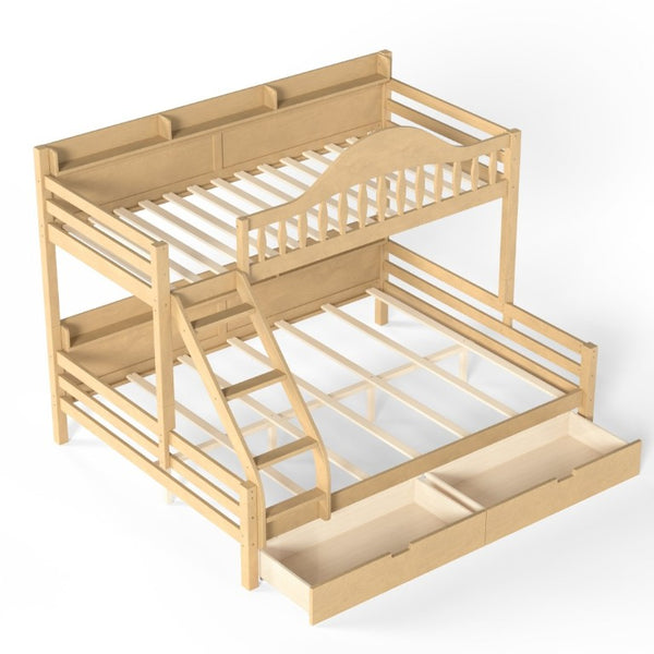 English Elm Twin XL Over Queen Solid Pine Bunk Bed with Arched Rails and Pull Out Storage Drawers Natural W5305S00155