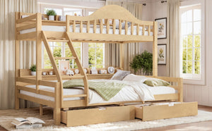 English Elm Twin XL Over Queen Solid Pine Bunk Bed with Arched Rails and Pull Out Storage Drawers Natural W5305S00155