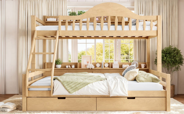 English Elm Twin XL Over Queen Solid Pine Bunk Bed with Arched Rails and Pull Out Storage Drawers Natural W5305S00155