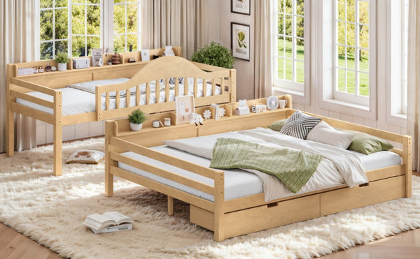 English Elm Twin XL Over Queen Solid Pine Bunk Bed with Arched Rails and Pull Out Storage Drawers Natural W5305S00155