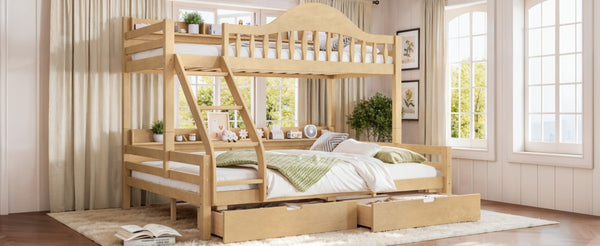English Elm Twin XL Over Queen Solid Pine Bunk Bed with Arched Rails and Pull Out Storage Drawers Natural W5305S00155