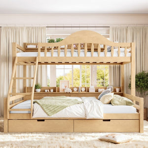 English Elm Twin XL Over Queen Solid Pine Bunk Bed with Arched Rails and Pull Out Storage Drawers Natural W5305S00155
