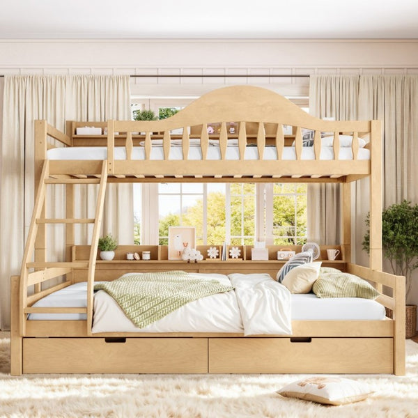 English Elm Twin XL Over Queen Solid Pine Bunk Bed with Arched Rails and Pull Out Storage Drawers Natural W5305S00155