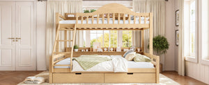 English Elm Twin XL Over Queen Solid Pine Bunk Bed with Arched Rails and Pull Out Storage Drawers Natural W5305S00155