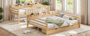 English Elm Twin XL Over Queen Solid Pine Bunk Bed with Arched Rails and Pull Out Storage Drawers Natural W5305S00155