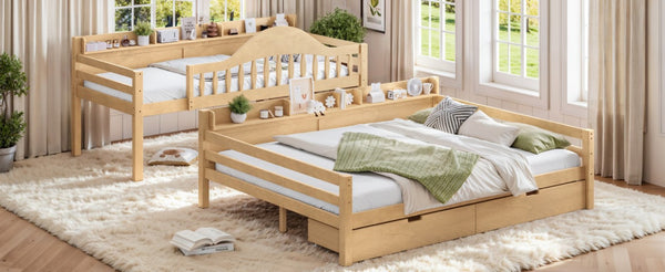 English Elm Twin XL Over Queen Solid Pine Bunk Bed with Arched Rails and Pull Out Storage Drawers Natural W5305S00155