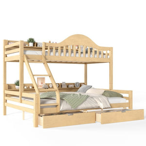 English Elm Twin XL Over Queen Solid Pine Bunk Bed with Arched Rails and Pull Out Storage Drawers Natural W5305S00155