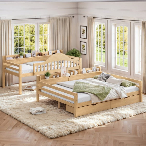 English Elm Twin XL Over Queen Solid Pine Bunk Bed with Arched Rails and Pull Out Storage Drawers Natural W5305S00155