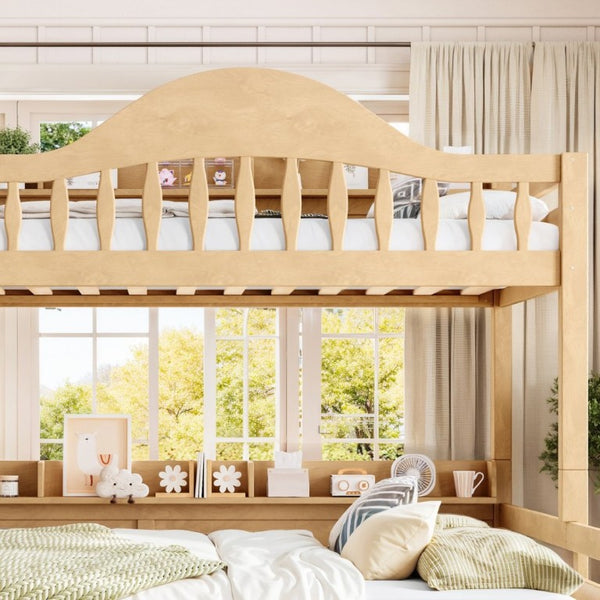 English Elm Twin XL Over Queen Solid Pine Bunk Bed with Arched Rails and Pull Out Storage Drawers Natural W5305S00155