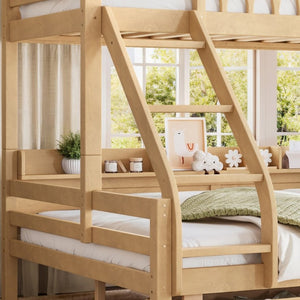 English Elm Twin XL Over Queen Solid Pine Bunk Bed with Arched Rails and Pull Out Storage Drawers Natural W5305S00155