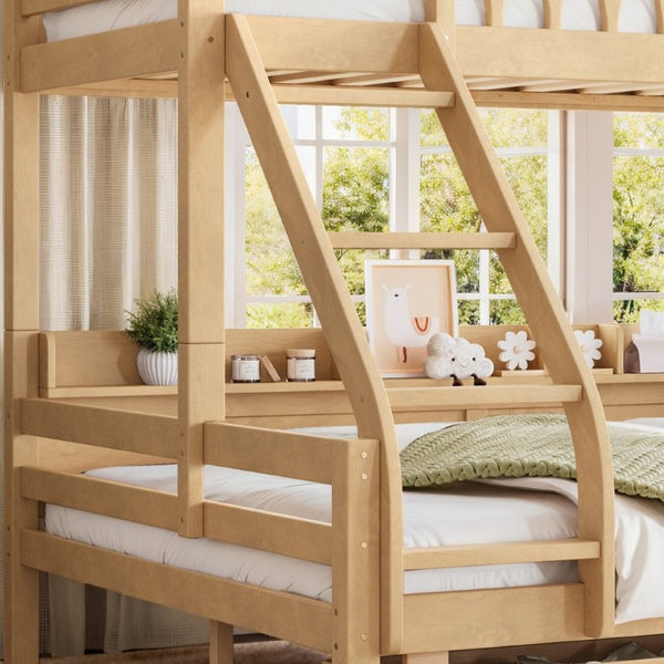 English Elm Twin XL Over Queen Solid Pine Bunk Bed with Arched Rails and Pull Out Storage Drawers Natural W5305S00155