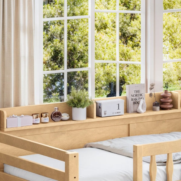 English Elm Twin XL Over Queen Solid Pine Bunk Bed with Arched Rails and Pull Out Storage Drawers Natural W5305S00155