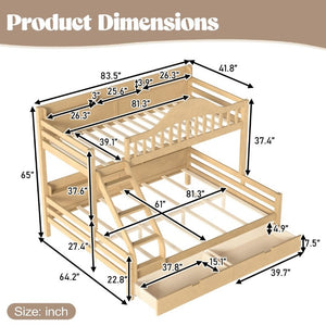 English Elm Twin XL Over Queen Solid Pine Bunk Bed with Arched Rails and Pull Out Storage Drawers Natural W5305S00155