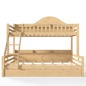English Elm Twin XL Over Queen Solid Pine Bunk Bed with Arched Rails and Pull Out Storage Drawers Natural W5305S00155