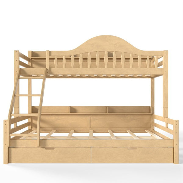 English Elm Twin XL Over Queen Solid Pine Bunk Bed with Arched Rails and Pull Out Storage Drawers Natural W5305S00155