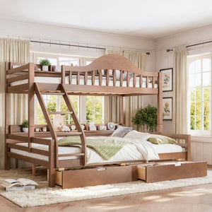 English Elm Twin XL Over Queen Solid Pine Bunk Bed with Arched Rails and Pull Out Storage Drawers Deep Natural W5305S00156