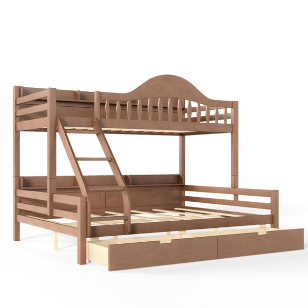 English Elm Twin XL Over Queen Solid Pine Bunk Bed with Arched Rails and Pull Out Storage Drawers Deep Natural W5305S00156