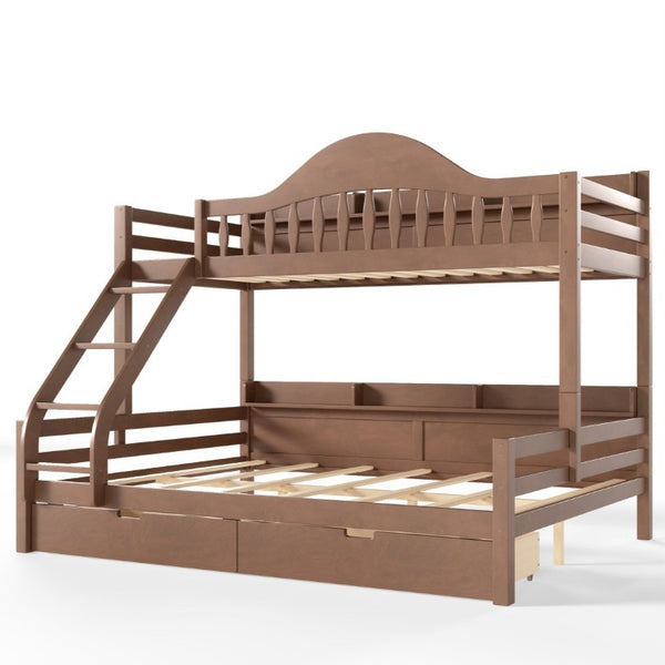 English Elm Twin XL Over Queen Solid Pine Bunk Bed with Arched Rails and Pull Out Storage Drawers Deep Natural W5305S00156