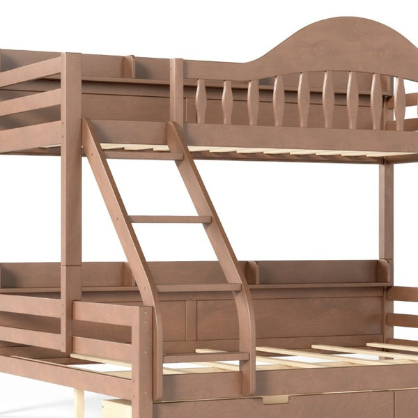 English Elm Twin XL Over Queen Solid Pine Bunk Bed with Arched Rails and Pull Out Storage Drawers Deep Natural W5305S00156